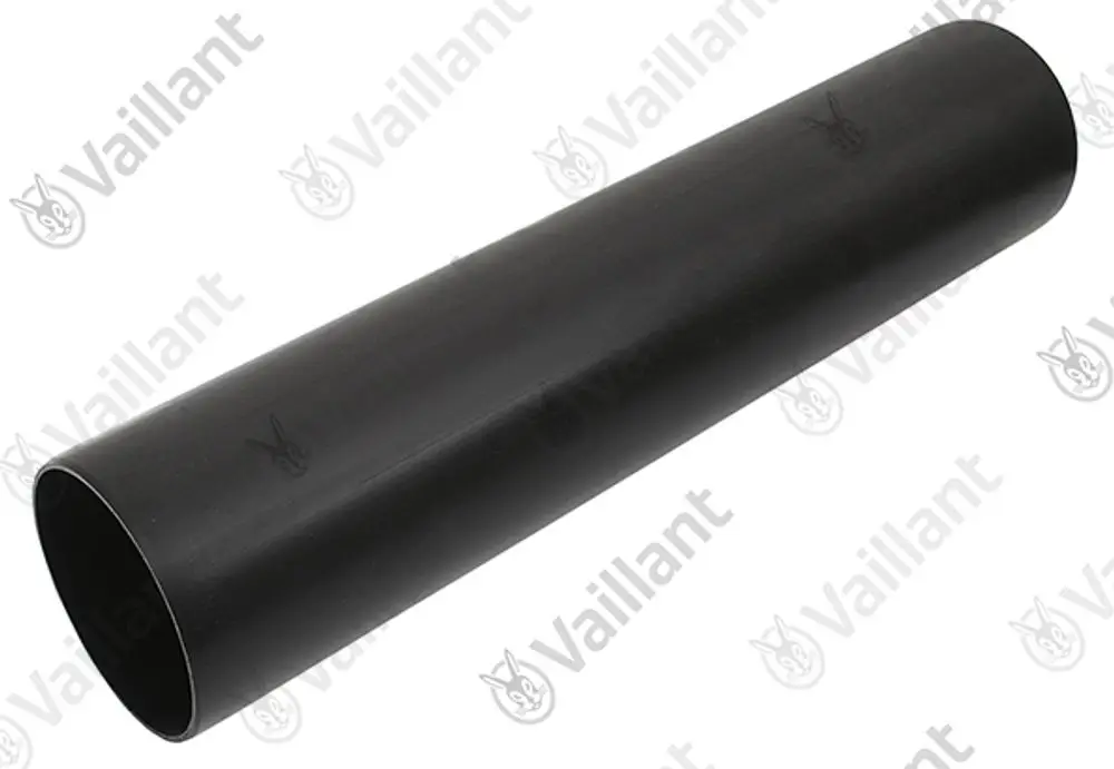 Schwarzes Abgasrohr von Vaillant, zylindrisch, mit offenem Ende. Das Rohr hat eine glatte Oberfläche und scheint aus einem robusten Material gefertigt zu sein.